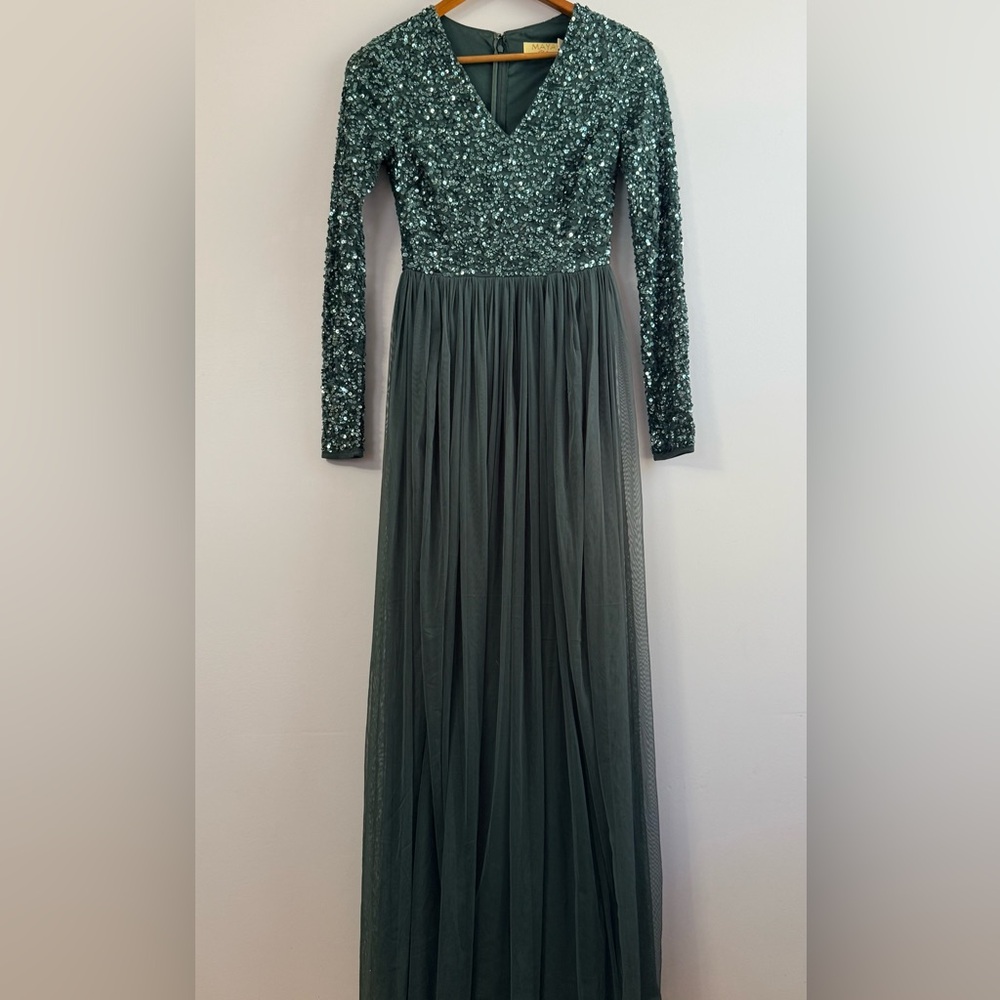 Maya Emerald Green Long Sequin & Tulle Evening Gown